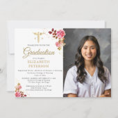 ピンクローズ金ゴールドカドゥセウス看護学校卒業 招待状 (正面)