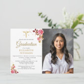 ピンクローズ金ゴールドカドゥセウス看護学校卒業 招待状 (スタンド正面)