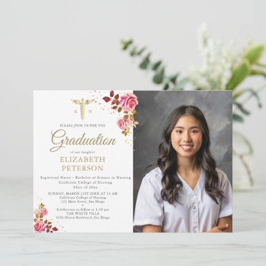 ピンクローズ金ゴールドカドゥセウス看護学校卒業 招待状 (スタンド正面)