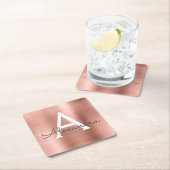 ピンクローズ金ゴールドガーリーメタリックモノグラム誕生日 スクエアペーパーコースター (インサイチュ)