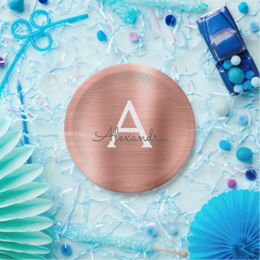 ピンクローズ金ゴールドガーリーメタリックモノグラム誕生日 ペーパープレート (パーティー)