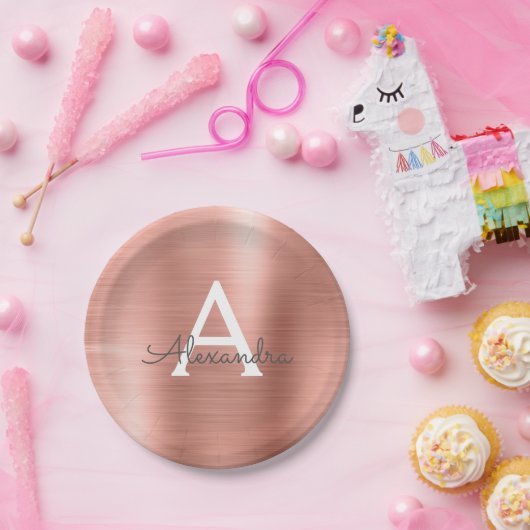 ピンクローズ金ゴールドガーリーメタリックモノグラム誕生日 ペーパープレート (パーティー)