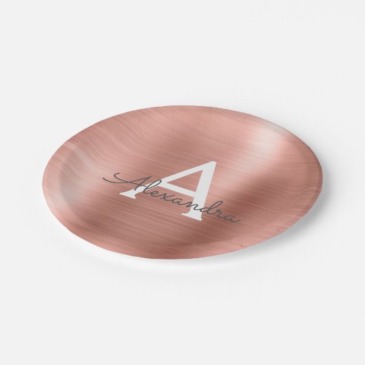 ピンクローズ金ゴールドガーリーメタリックモノグラム誕生日 ペーパープレート (アングル)