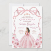 ピンクローズ金ゴールドクラウンボウプリンセスガールキンセアニラ 招待状 (正面)