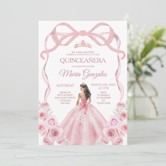 ピンクローズ金ゴールドクラウンボウプリンセスガールキンセアニラ 招待状 (スタンド正面)