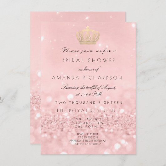 ピンクローズ金ゴールドクラウン王室のグリッターブライダルシャワー 招待状 (正面/裏面)