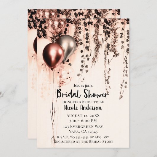 ピンクローズ金ゴールドクリームメタリックバルーンアイビーブライダル 招待状 (正面/裏面)