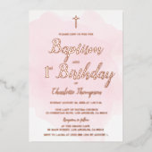 ピンクローズ金ゴールドクロスバプテスマと誕生日 箔シーズンカード (正面)