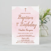 ピンクローズ金ゴールドクロスバプテスマと誕生日 箔シーズンカード (立ち正面)