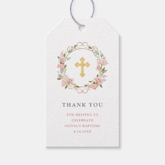 ピンクローズ金ゴールドクロスフローラ |バプテスマ ギフトタグ (正面)