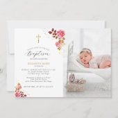 ピンクローズ金ゴールドクロスベビートドラーフォトバプテスマ 招待状 (正面)