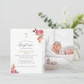 ピンクローズ金ゴールドクロスベビートドラーフォトバプテスマ 招待状 (スタンド正面)