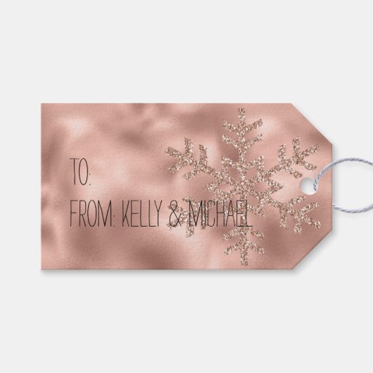 ピンクローズ金ゴールドグラムグリッタースノーフレーク ギフトタグ (正面(横))