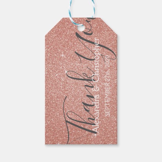 ピンクローズ金ゴールドグリッターとスパークルサンキュー ギフトタグ (正面)