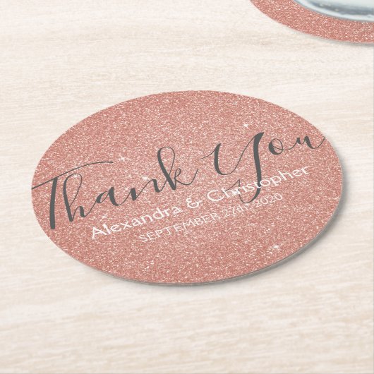 ピンクローズ金ゴールドグリッターとスパークルサンキュー ラウンドペーパーコースター (アングル)