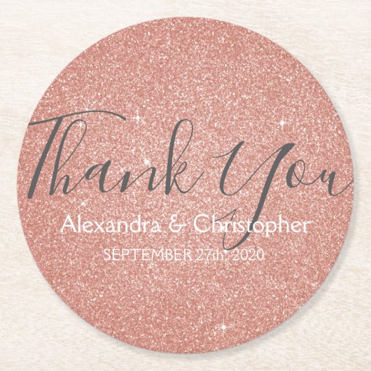 ピンクローズ金ゴールドグリッターとスパークルサンキュー ラウンドペーパーコースター (正面)