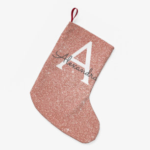 ピンクローズ金ゴールドグリッターとスパークルモノグラム スモールクリスマスストッキング