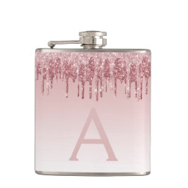 ピンクローズ金ゴールドグリッターとスパークルモノグラム フラスク