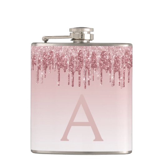 ピンクローズ金ゴールドグリッターとスパークルモノグラム フラスク (正面)