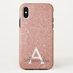 ピンクローズ金ゴールドグリッターとスパークルモノグラム iPhone XSケース