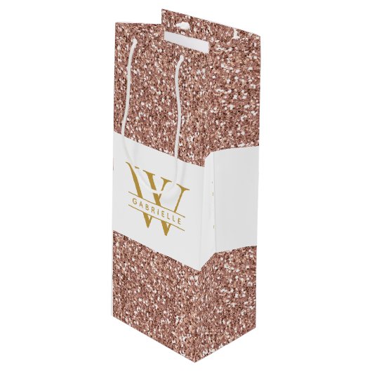 ピンクローズ金ゴールドグリッターイニシャルと名寄り ワインギフトバッグ (正面アングル)