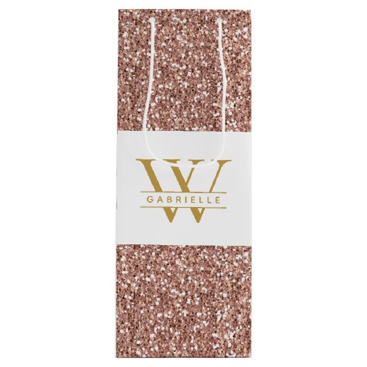 ピンクローズ金ゴールドグリッターイニシャルと名寄り ワインギフトバッグ (正面)