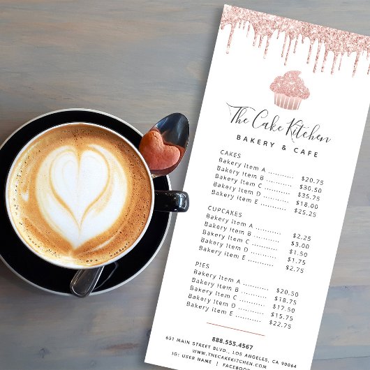 ピンクローズ金ゴールドグリッターカップケーキベーカリーデザートメニュー ラックカード