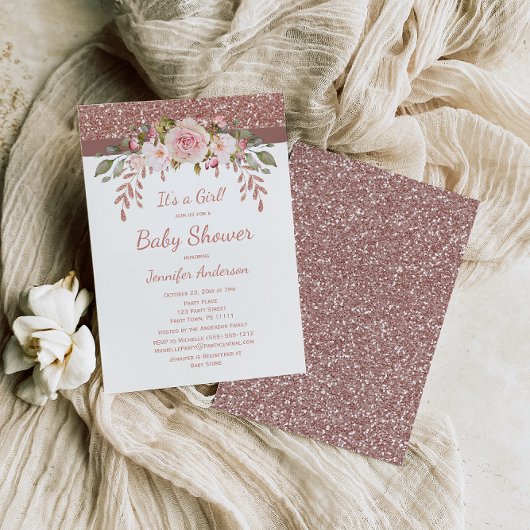 ピンクローズ金ゴールドグリッターガールベビーシャワー 招待状