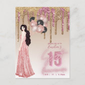 ピンクローズ金ゴールドグリッターキンセアニェラブルネットガール ポストカード (正面)