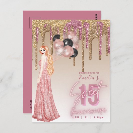 ピンクローズ金ゴールドグリッターキンセアニェラレッドヘアガール ポストカード (正面/裏面)