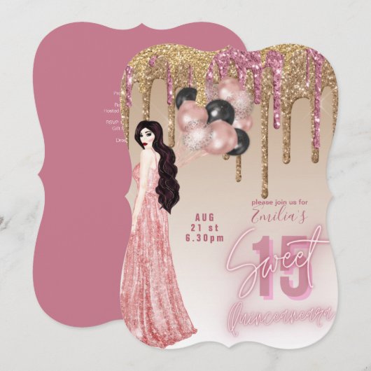 ピンクローズ金ゴールドグリッターキンセアニェラ 招待状 (正面/裏面)