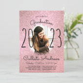 ピンクローズ金ゴールドグリッターグラデーションハロー写真卒業 招待状 (スタンド正面)