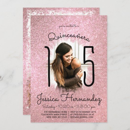 ピンクローズ金ゴールドグリッターグラデーションフォトキンセアニラ 招待状 (正面/裏面)