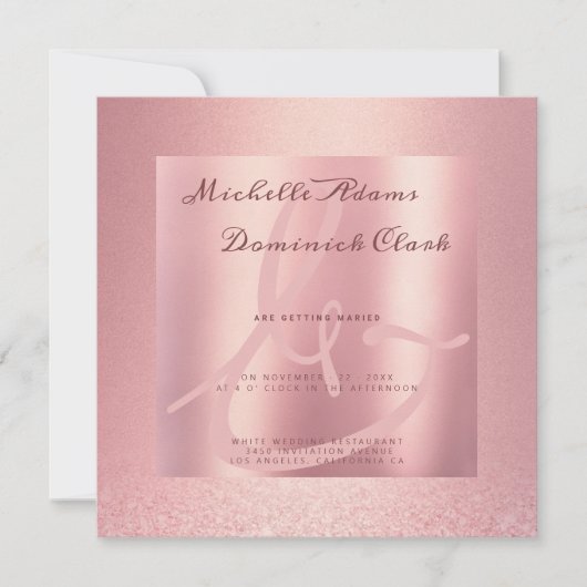 ピンクローズ金ゴールドグリッターグラデーショ結婚ンアンパサンド 招待状 (正面)