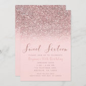 ピンクローズ金ゴールドグリッタースパークルスウィート16パーティー 招待状 (正面/裏面)
