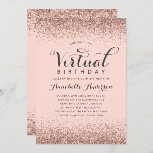 ピンクローズ金ゴールドグリッタースパークルバーチャル誕生日 招待状 (正面/裏面)