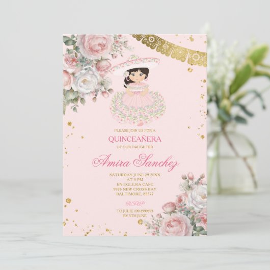 ピンクローズ金ゴールドグリッタースペインのガールキンセアニラ 招待状 (スタンド正面)