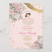 ピンクローズ金ゴールドグリッタースペインのガールキンセアニラ 招待状 (正面/裏面)