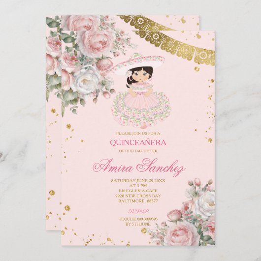ピンクローズ金ゴールドグリッタースペインのガールキンセアニラ 招待状 (正面/裏面)