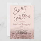 ピンクローズ金ゴールドグリッタータイポグラフィスイート16フォト 招待状 (正面)