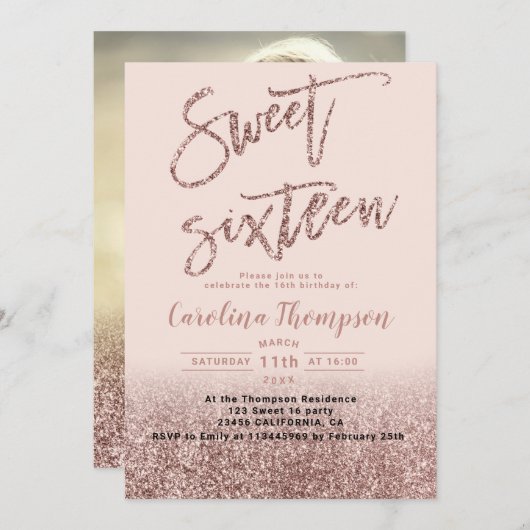 ピンクローズ金ゴールドグリッタータイポグラフィスイート16フォト 招待状 (正面/裏面)