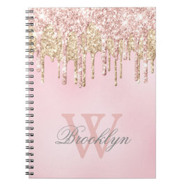 ピンクローズ金ゴールドグリッタードライブ名モノグラムの ノートブック