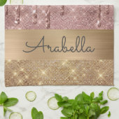 ピンクローズ金ゴールドグリッタードリプス名前をカスタムする キッチンタオル (折り畳み)