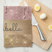 ピンクローズ金ゴールドグリッタードリプス名前をカスタムする キッチンタオル (四つ折り)