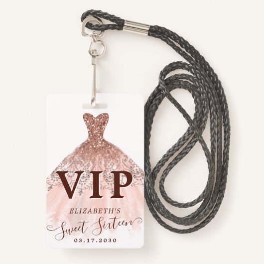ピンクローズ金ゴールドグリッタードレススウィート16 VIP誕生日 バッジ (正面ランヤード)