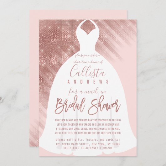ピンクローズ金ゴールドグリッタードレスブライダルシャワーバイメール 招待状 (正面/裏面)