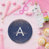 ピンクローズ金ゴールドグリッターネイビーブルーモノグラム誕生日 ペーパープレート (パーティー)