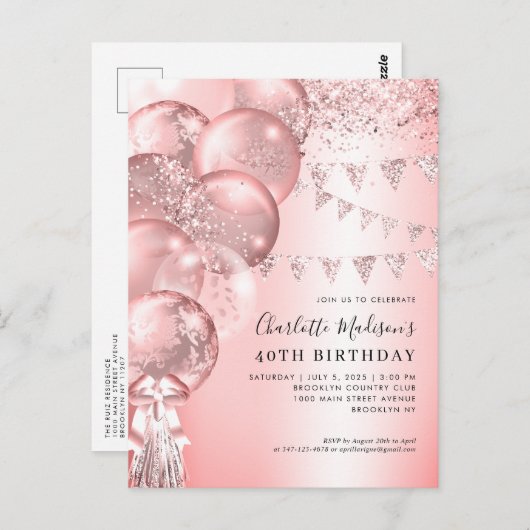 ピンクローズ金ゴールドグリッターバルーンエイジ誕生日 ポストカード (正面/裏面)