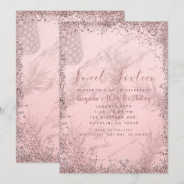 ピンクローズ金ゴールドグリッターパイナップルスウィート16パーティー 招待状