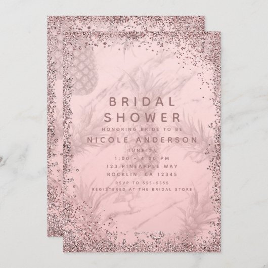 ピンクローズ金ゴールドグリッターパイナップルブライダルシャワー 招待状 (正面/裏面)